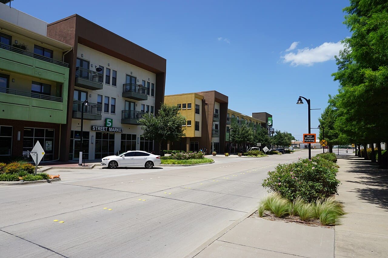Brick storefronts in downtown Garland, Texas