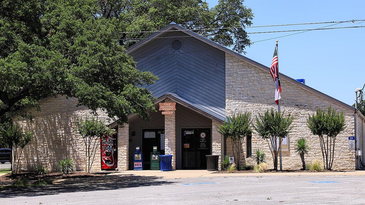 Stone city hall building in Dripping Springs, Texas