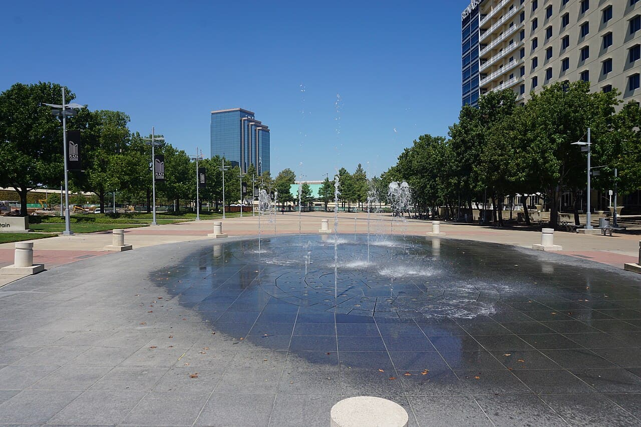 The civic plaza and water feature in Richardson, Texas