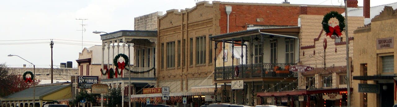 Historic storefronts on Main Street in downtown Fredericksburg, Texas