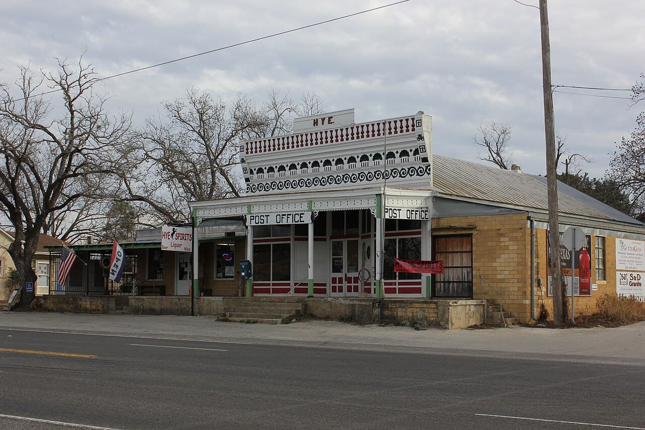 The historic post office at Hye, Texas